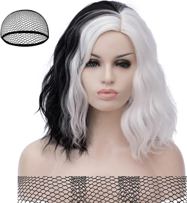 ATAYOU Bob Wig Half Black & White - Cosplay Halloween Costume Wig