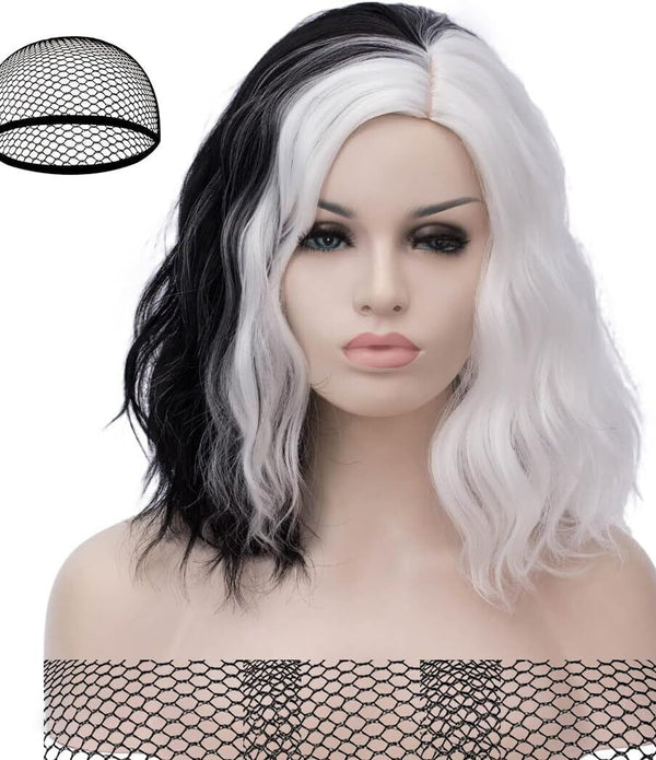 ATAYOU Bob Wig Half Black & White - Cosplay Halloween Costume Wig