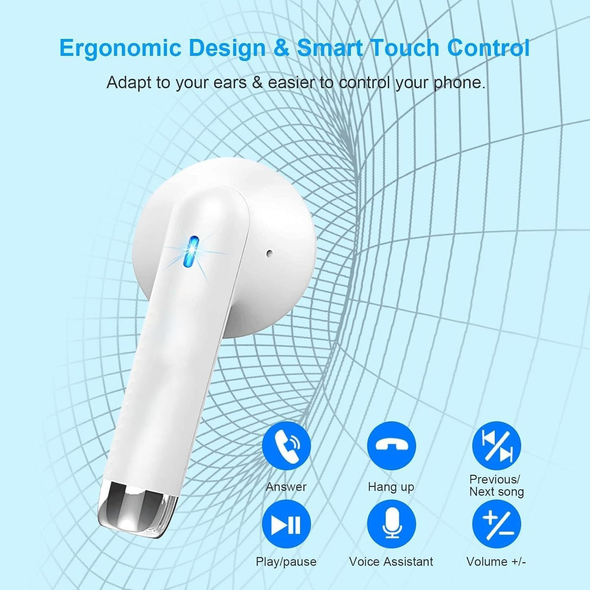 Bluetooth 5.3 Wireless Earbuds ENC Mic 50H HiFi IP7 Waterproof White