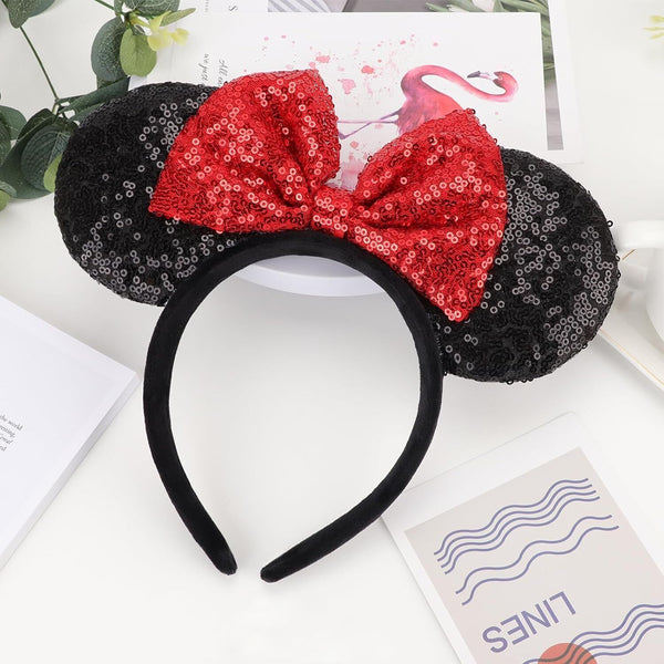 Sparkly Black Minnie Mouse Ears Alice Band Hair Headband Red Sequin Bow