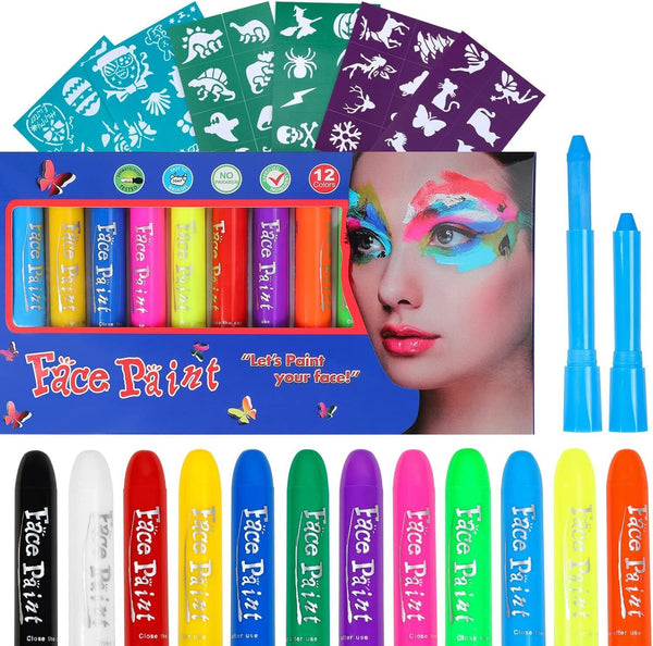 12 PCS Face Paint Crayons Kit Bright Colors Face Paint Kit Set For Kids Safe