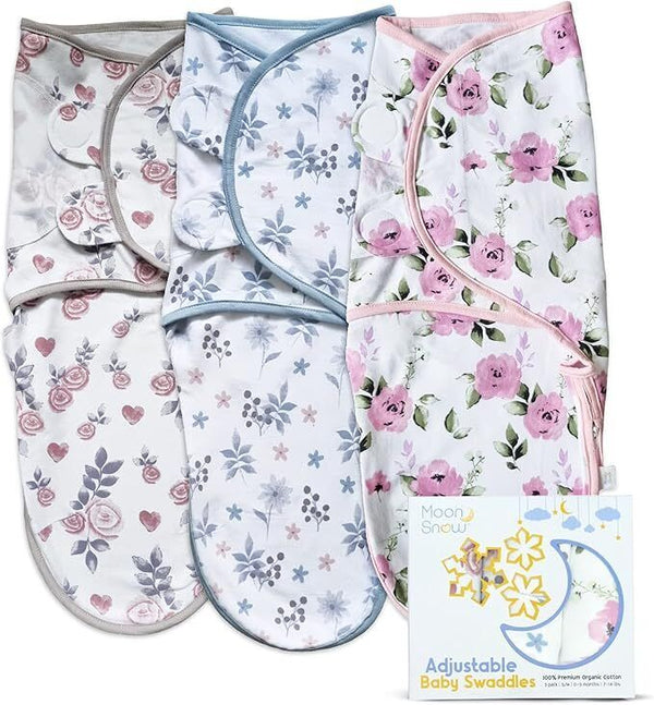 Baby Swaddle Wrap 3-Pack, 0-3 Months, Organic Cotton, Floral Pink, Zipper