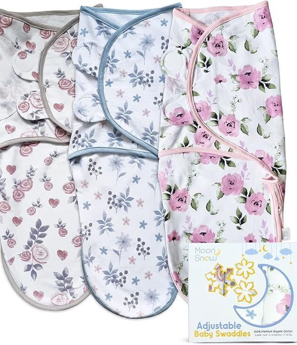 Baby Swaddle Wrap 3-Pack, 0-3 Months, Organic Cotton, Floral Pink, Zipper