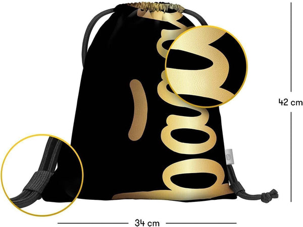 Drawstring Gym Sack, School & Swimming Bag for Kids - Black & Gold