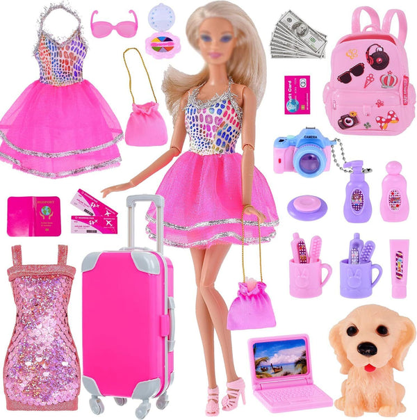 35pc Fashion Doll Clothes Dress Accessories Travel Suitcase Set NO DOLL Age 3+