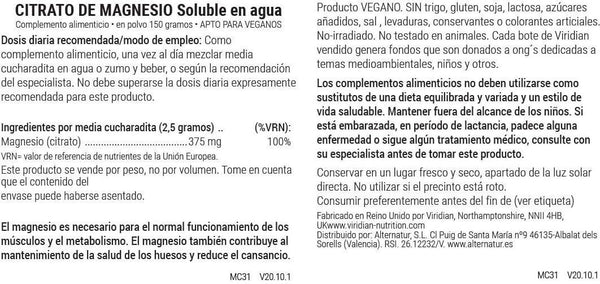 Viridian Magnesium Citrate Powder 150g Essential Mineral Supplement