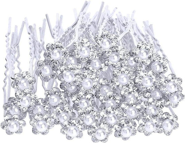 40 Pack Bridal Wedding Hair Pins, Pearl & Crystal Flower Clips, White