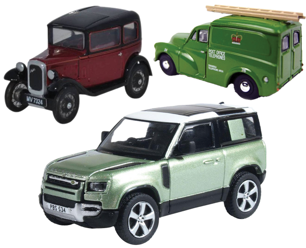 Oxford Diecast 3 Pack - Defender 90, Post Office Van, Austin Seven RN Saloon