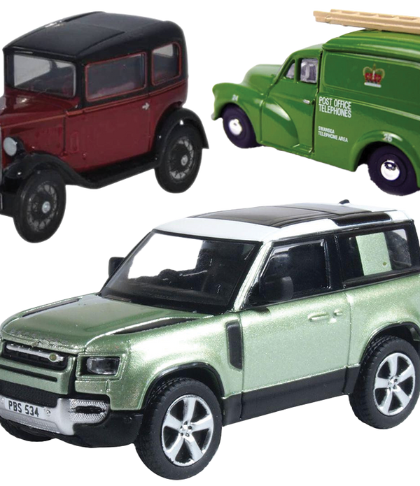 Oxford Diecast 3 Pack - Defender 90, Post Office Van, Austin Seven RN Saloon