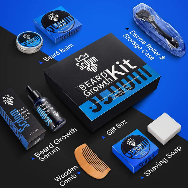 Scdom Beard Growth Kit - Derma Roller, Serum, Balm, Soap, Comb
