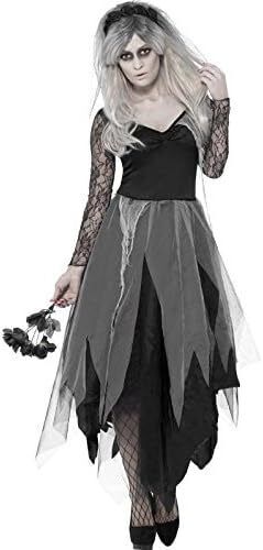 Graveyard Bride Costume Black Dress&Rose Veil Halloween Adult Fancy Dress S24-26