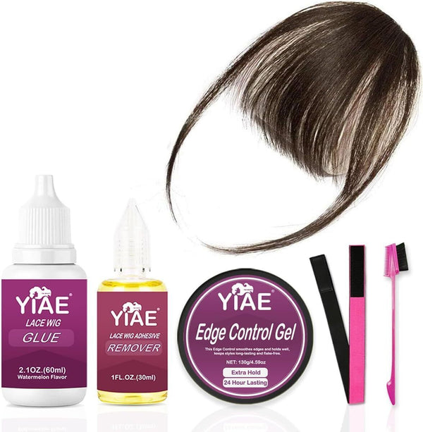 YIAE Fringe Hair Clip & Wig Glue Kit - 100% Human Hair, Brown/Black