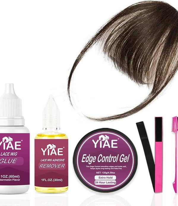 YIAE Fringe Hair Clip & Wig Glue Kit - 100% Human Hair, Brown/Black