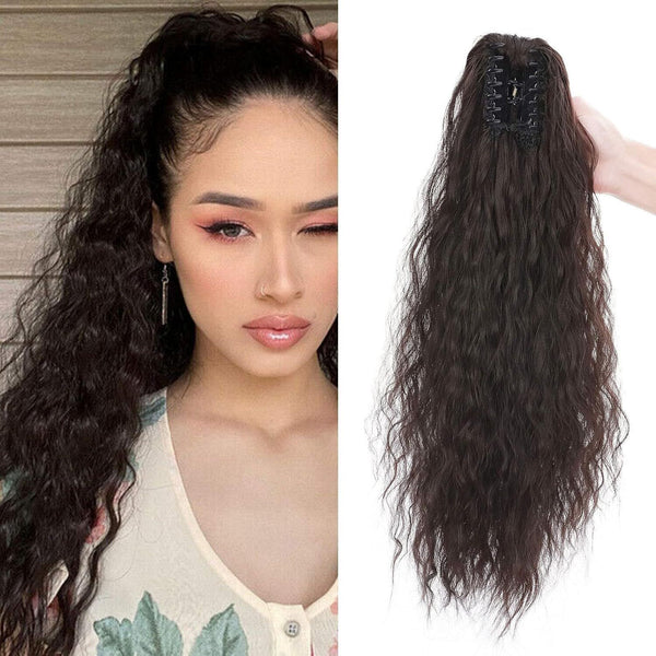 Real Fashion Corn Wavy Ponytail Extension Claw Clip 24" Dark Brown Hairpiece