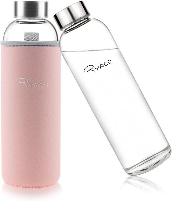 RYACO 550ml Pink BPA-Free Borosilicate Glass Water Bottle, Leak Proof
