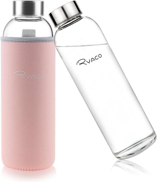 RYACO 550ml Pink BPA-Free Borosilicate Glass Water Bottle, Leak Proof