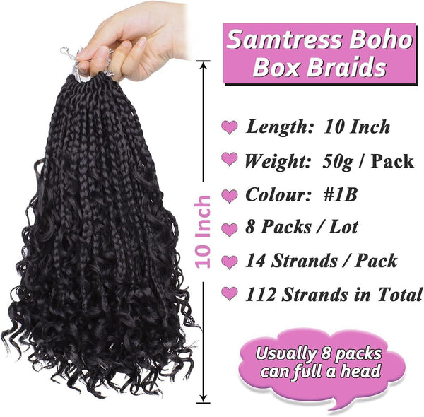 Samtress 8-Pack Boho Box Braids - 10" Natural Black Crochet Hair for Women