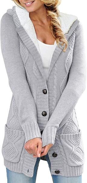 Women’s Cable Knit Cardigan with Pockets Chunky Jumper- Grey - XL