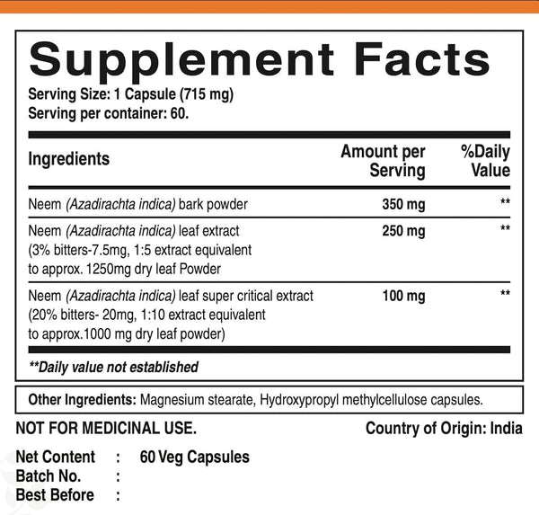 Pure Nutrition Neem Capsules 700mg - 60 Days Supply Non-GMO Herbal Formula