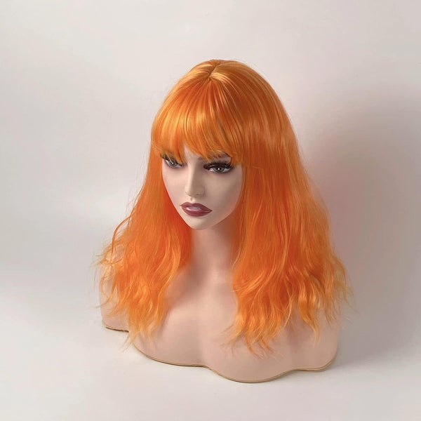 DTWa 15" Orange Curly Wig - Soft Synthetic, Air Bangs, Shoulder Length