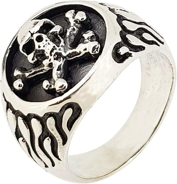 Chunky Skull and Cross Bones Silver Ring for Men, Biker, Flames - SIZE Y