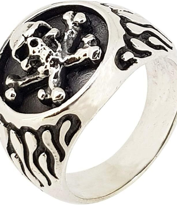 Chunky Skull and Cross Bones Silver Ring for Men, Biker, Flames - SIZE Y