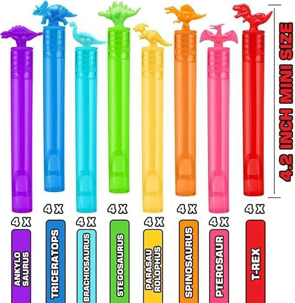 32 Piece Mini Dinosaur Bubble Wand (8 Style), Dino Theme Party Favors Neon Toy