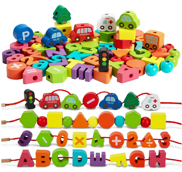 Wooden Lacing Beads, Montessori Alphabet & Number Stringing Toy for Toddlers