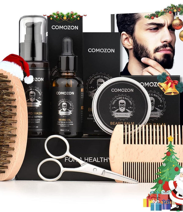 Beard Grooming Kit for Men - Oil, Shampoo, Comb, Brush, Balm, Scissors