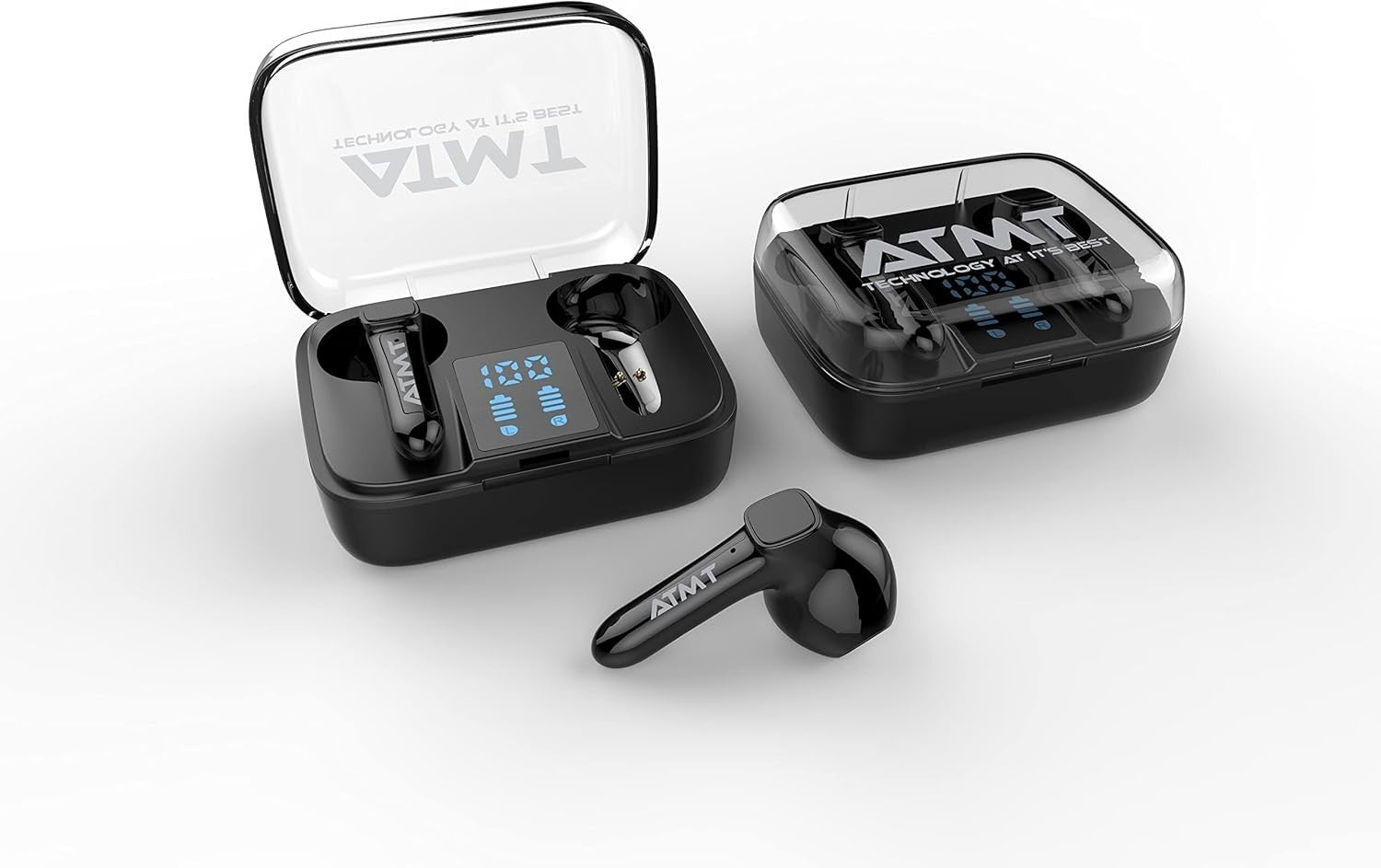 ATMT Bluetooth Half Ear Wireless Earbuds Black LCD Case Mic IPX5 Stereo