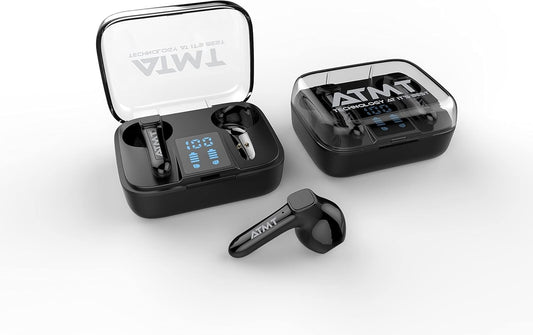 ATMT Bluetooth Half Ear Wireless Earbuds Black LCD Case Mic IPX5 Stereo