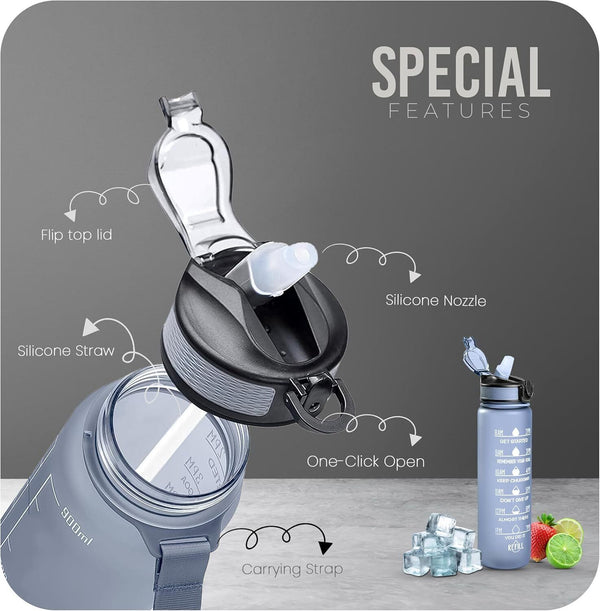K-MART 900ml Sports Water Bottle with Straw, Time Markings, BPA-Free, Grey