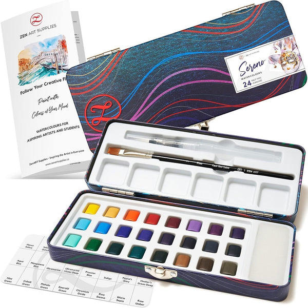 ZenART Travel Watercolor Paint Game, 24 Colors with Brush, Portable