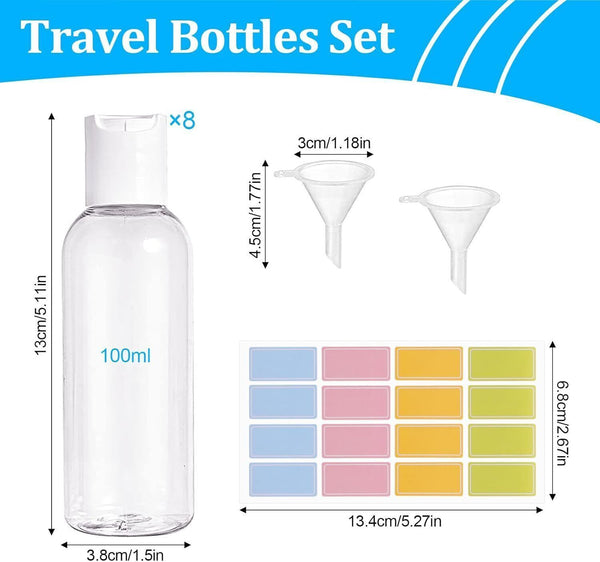 8-Pack 100ml Travel Bottles with Funnels & Color Labels