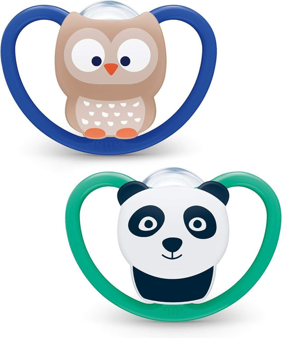 NUK Space Silicone Soother, 2-Pack Blue & Green Owl & Panda, for 6-18 Months
