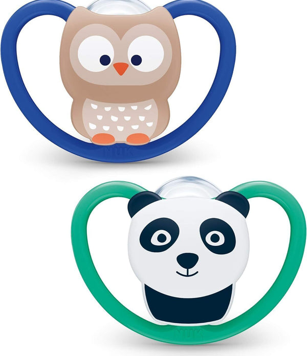 NUK Space Silicone Soother, 2-Pack Blue & Green Owl & Panda, for 6-18 Months