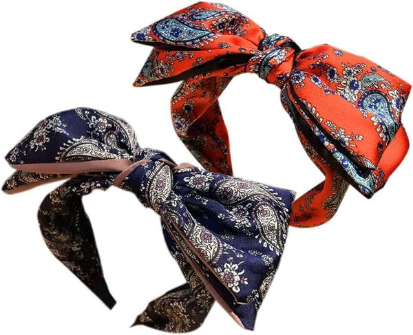 2x Boho Bow Tie Knotted Fabric Headbands Elastic Non-Slip Vintage - CashewRed