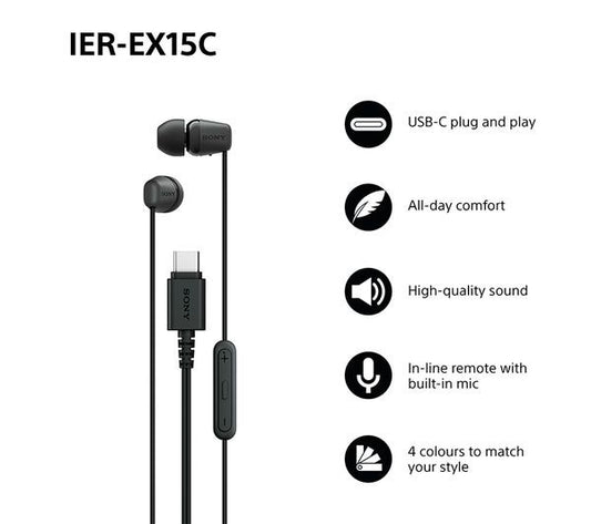 Sony IER‑EX15C USB‑C Wired Earbuds with Mic – Lightweight In‑Ear Black
