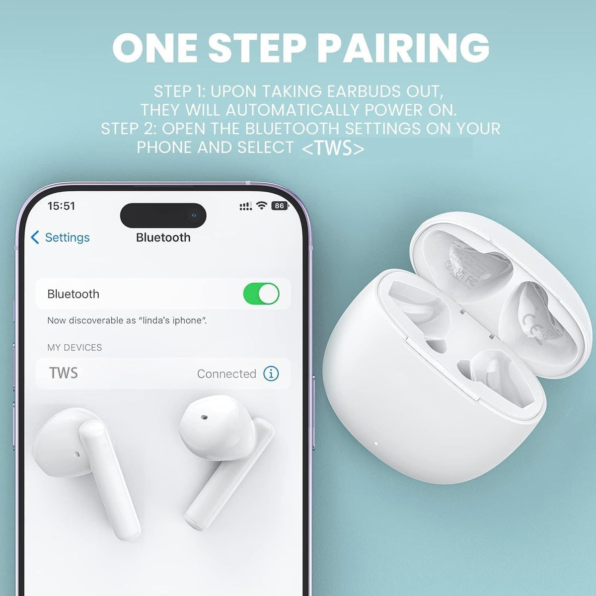 Bluetooth 5.3 Wireless Earbuds ENC Mic 50H HiFi IP7 Waterproof White