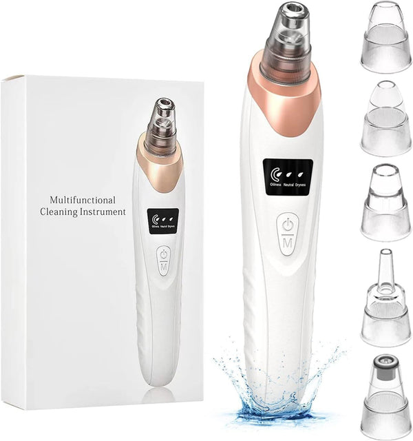 Rechargeable Blackhead Remover Vacuum w/3 Modes & 5 Heads, Whitehead Extractor