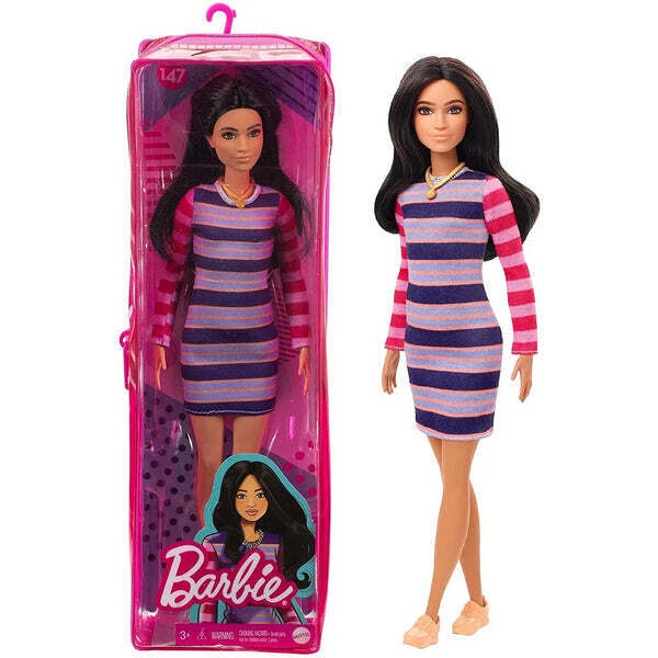 Barbie Fashionistas Doll #147 Long Brunette Hair & Striped Dress - Brand New