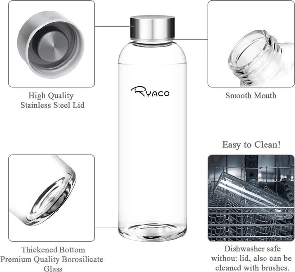 RYACO 550ml Pink BPA-Free Borosilicate Glass Water Bottle, Leak Proof