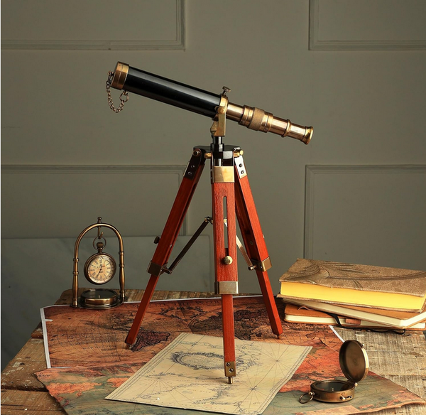 9" Desktop Telescope, Vintage Marine Brass & Wood Collectible Gift