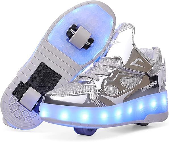 Boys & Girls LED Roller Skates Shoes,Light-up Sneakers, Silver, UK Child 10.5