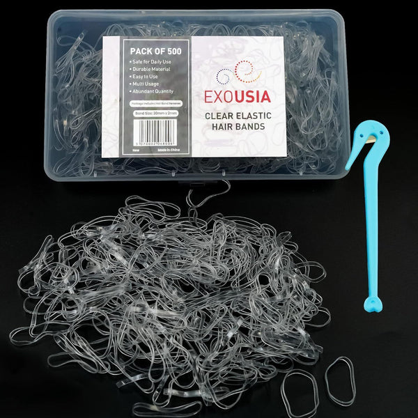 500 Clear Elastic Hair Bands with Box & Hook - Strong Mini Rubber Ties