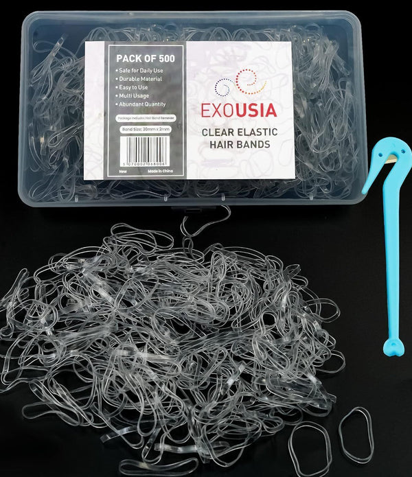 500 Clear Elastic Hair Bands with Box & Hook - Strong Mini Rubber Ties