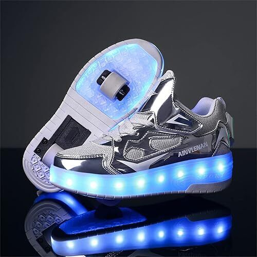 Boys & Girls LED Roller Skates Shoes,Light-up Sneakers, Silver, UK Child 10.5