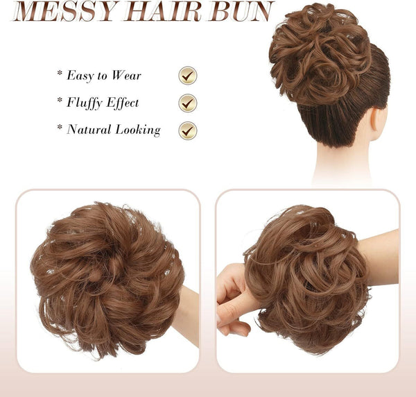 FESHFEN Messy Bun Hair Scrunchie, Thick Curly Synthetic, Light Auburn