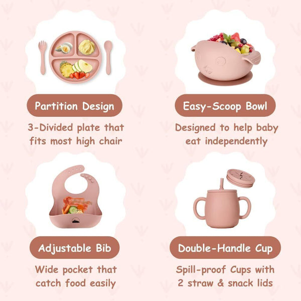 Little Chiltern Co Baby Weaning Set 8pc Silicone Feeding Utensils Pink