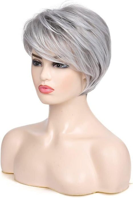 Baruisi Short Grey Wig, Pixie Layered Wig with Bangs, Cosplay & Daily Use